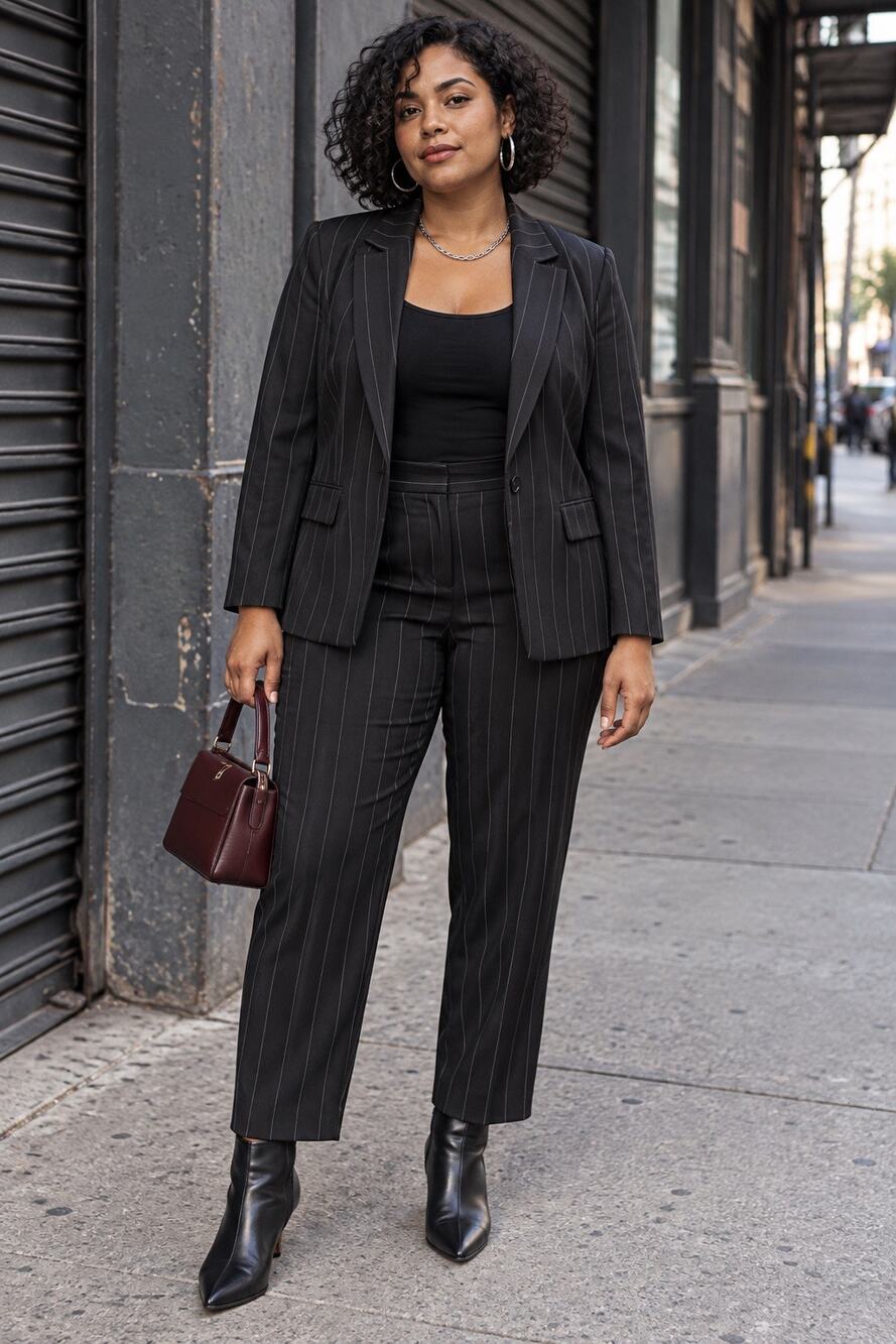Nine West Black Pinstripe Pants Suit XL Blazer Trouser Set Office Siren